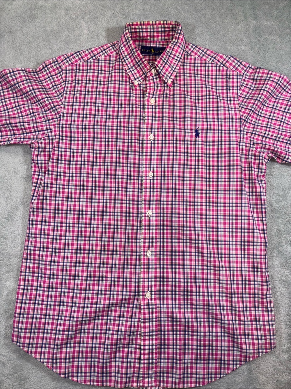 Polo Ralph Lauren Plaid Short Sleeve Button Down Shirt Medium Pink Blue